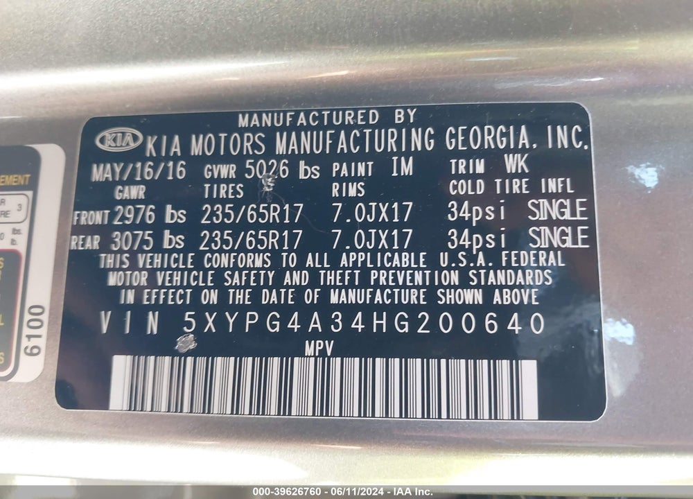 2017 KIA SORENTO 2.4L L VIN: 5XYPG4A34HG200640