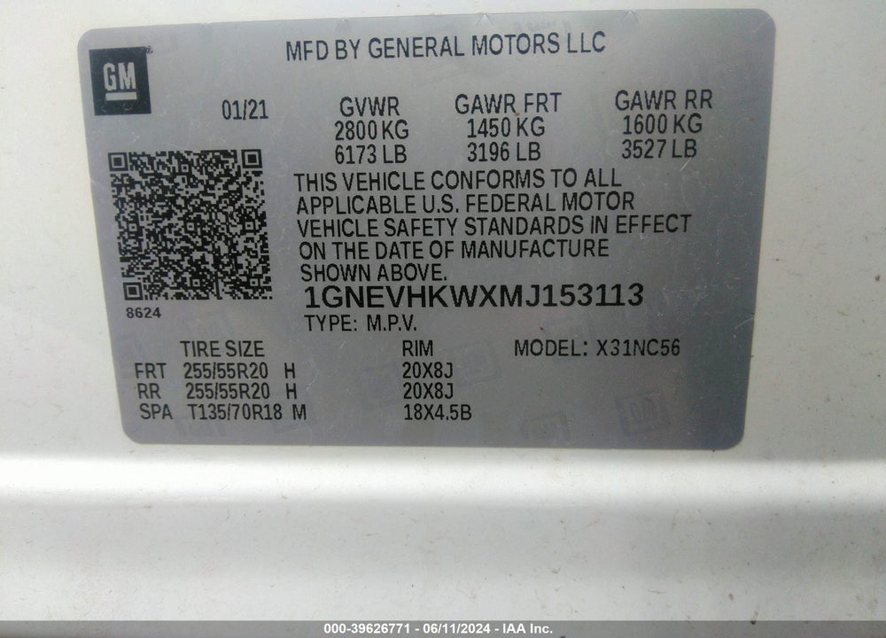 2021 CHEVROLET TRAVERSE AWD LT LEATHER VIN: 1GNEVHKWXMJ153113