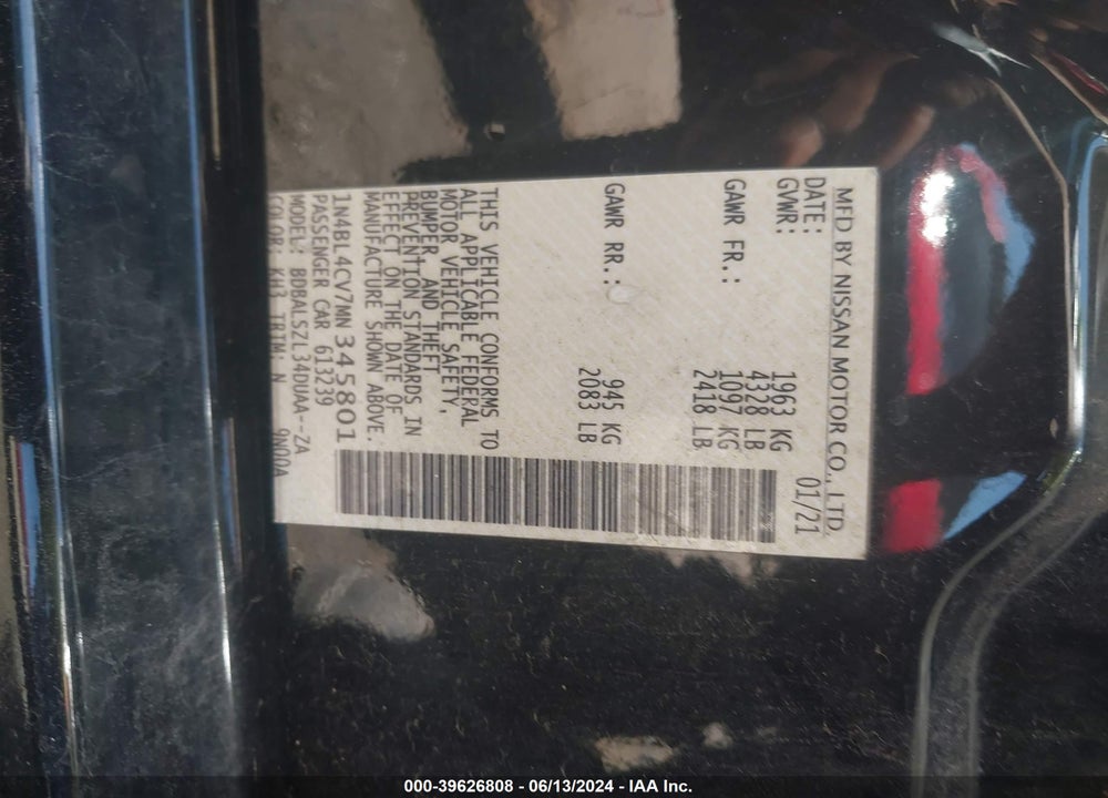 2021 NISSAN ALTIMA SR FWD VIN: 1N4BL4CV7MN345801