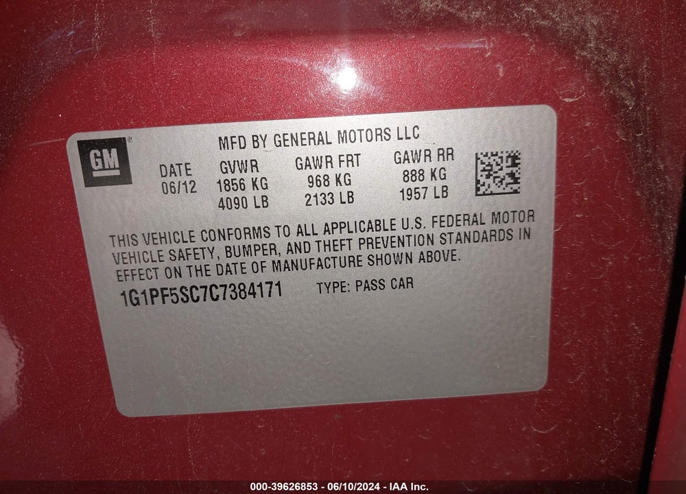 2012 CHEVROLET CRUZE 1LT VIN: 1G1PF5SC7C7384171