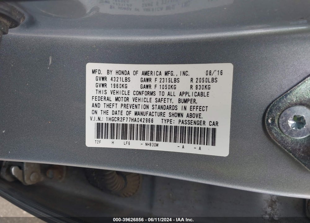 2017 HONDA ACCORD EX VIN: 1HGCR2F77HA042966
