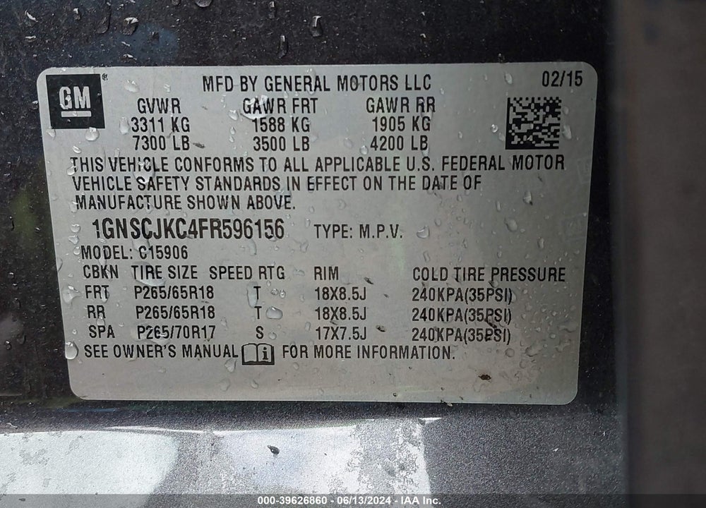 2015 CHEVROLET SUBURBAN 1500 LT VIN: 1GNSCJKC4FR596156