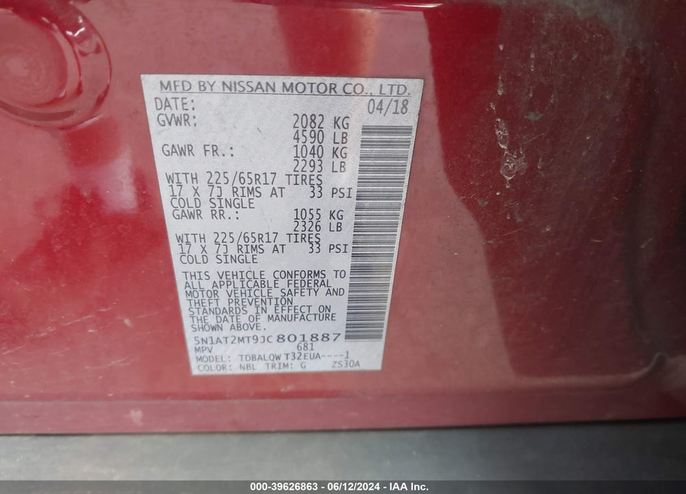 2018 NISSAN ROGUE SV VIN: 5N1AT2MT9JC801887