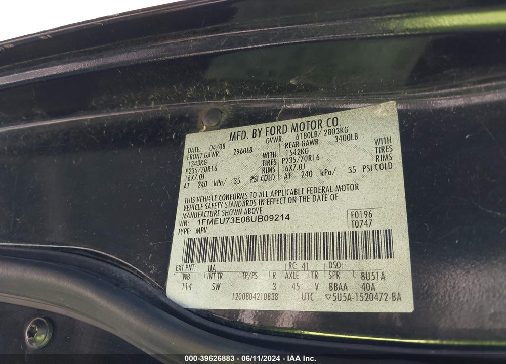 2008 FORD EXPLORER XLT VIN: 1FMEU73E08UB09214