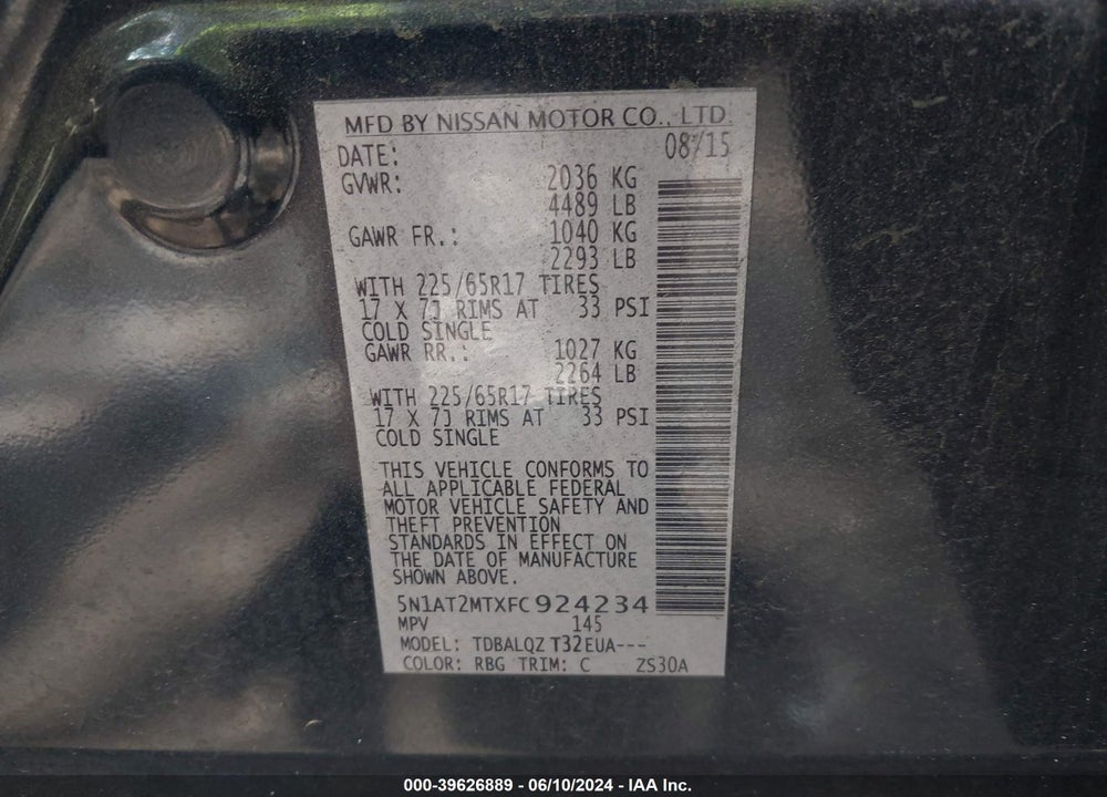 2015 NISSAN ROGUE SV VIN: 5N1AT2MTXFC924234