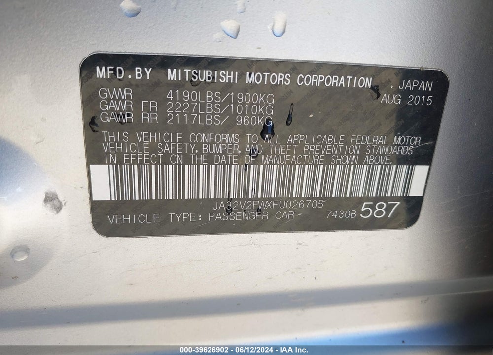2015 MITSUBISHI LANCER SE VIN: JA32V2FWXFU026705