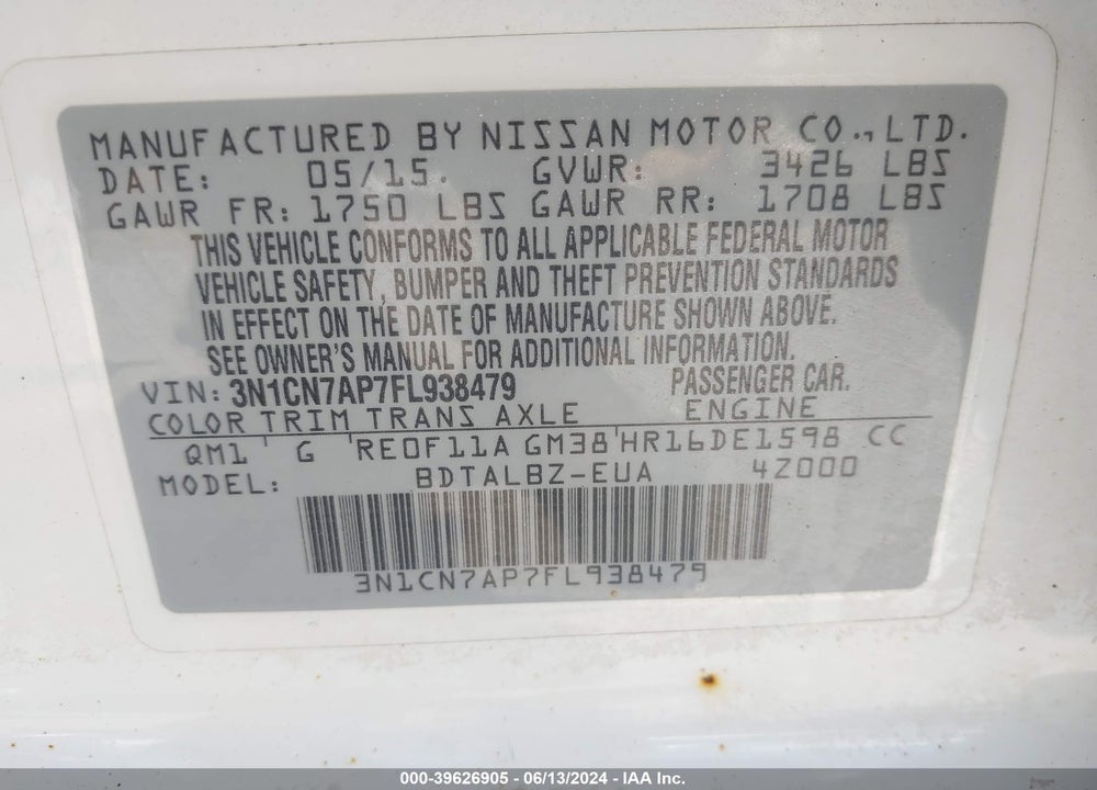 2015 NISSAN VERSA 1.6 SV VIN: 3N1CN7AP7FL938479