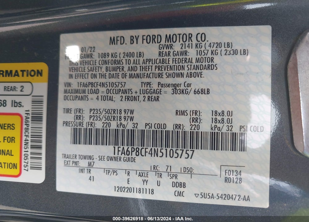 2022 FORD MUSTANG GT PREMIUM FASTBACK VIN: 1FA6P8CF4N5105757