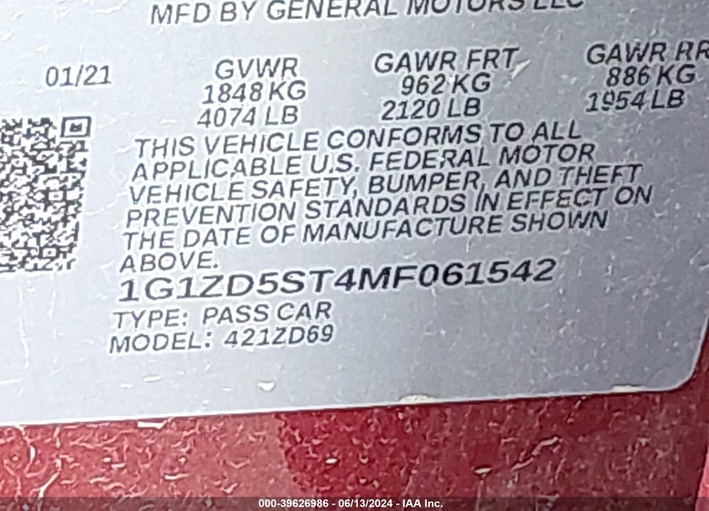 2021 CHEVROLET MALIBU FWD LT VIN: 1G1ZD5ST4MF061542