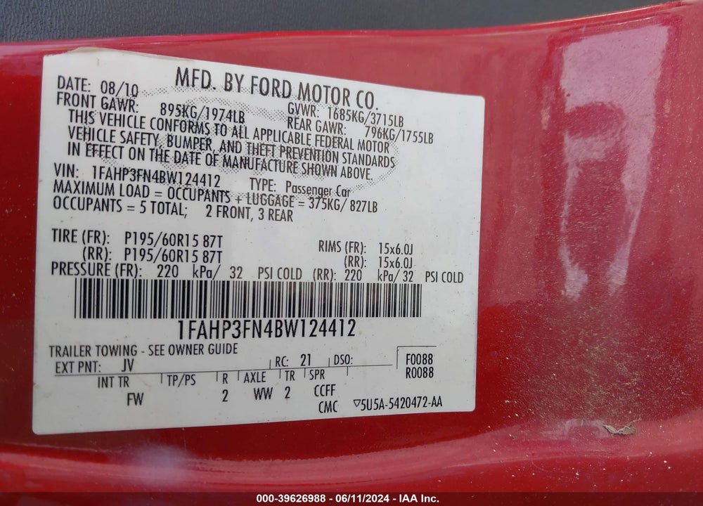 2011 FORD FOCUS SE VIN: 1FAHP3FN4BW124412
