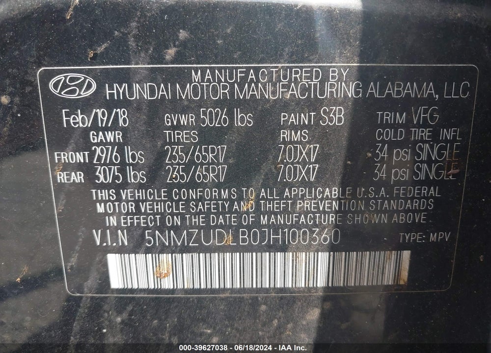 2018 HYUNDAI SANTA FE SPORT 2.4L VIN: 5NMZUDLB0JH100360