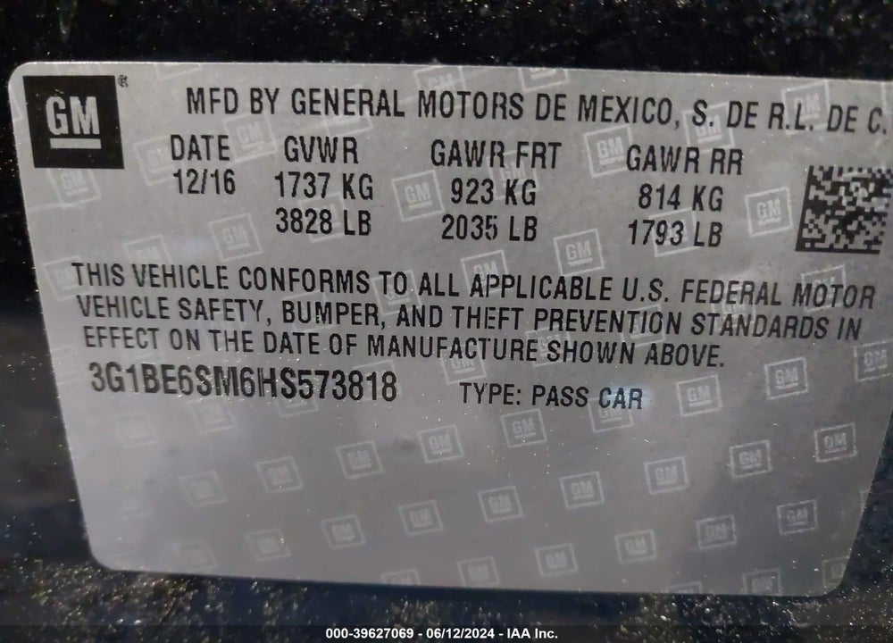 2017 CHEVROLET CRUZE LT AUTO VIN: 3G1BE6SM6HS573818