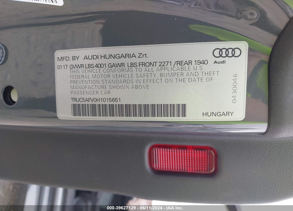 2017 AUDI TT 2.0T VIN: TRUC5AFV0H1015651