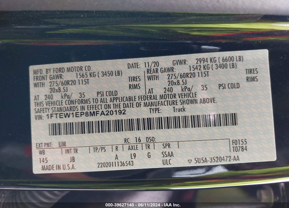 2021 FORD F-150 XL VIN: 1FTEW1EP8MFA20192