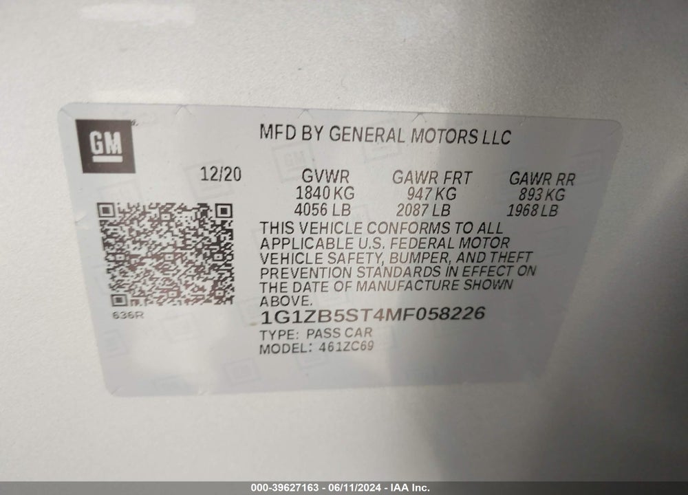 2021 CHEVROLET MALIBU FWD LS VIN: 1G1ZB5ST4MF058226