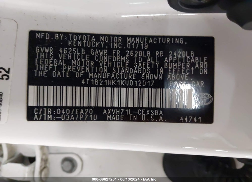 2019 TOYOTA CAMRY HYBRID SE VIN: 4T1B21HK1KU012017