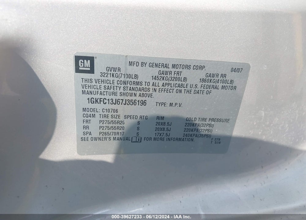2007 GMC YUKON SLT VIN: 1GKFC13J67J356196