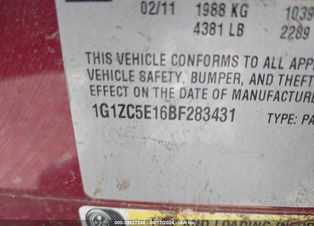 2011 CHEVROLET MALIBU 1LT VIN: 1G1ZC5E16BF283431