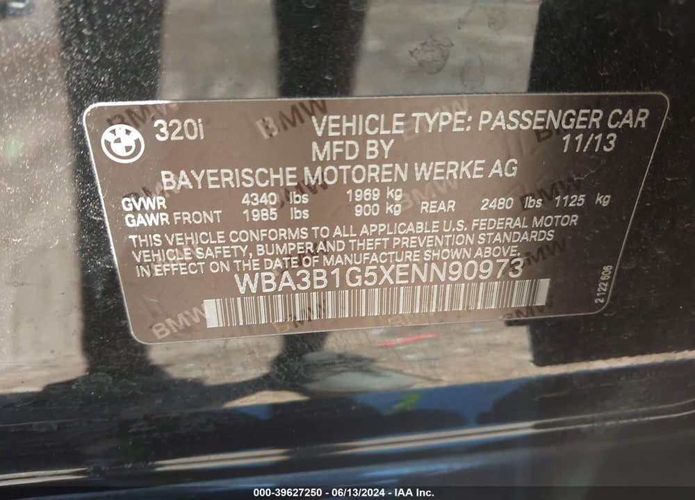 2014 BMW 320I VIN: WBA3B1G5XENN90973