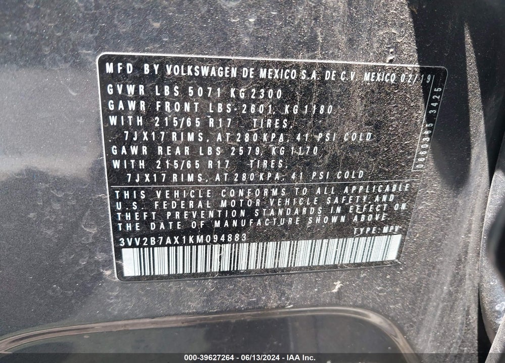2019 VOLKSWAGEN TIGUAN 2.0T SE/2.0T SEL/2.0T SEL R-LINE/2.0T SEL R-LINE BLACK VIN: 3VV2B7AX1KM094883