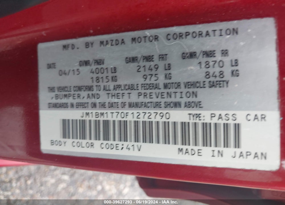 2015 MAZDA 3 I SV VIN: JM1BM1T70F1272790
