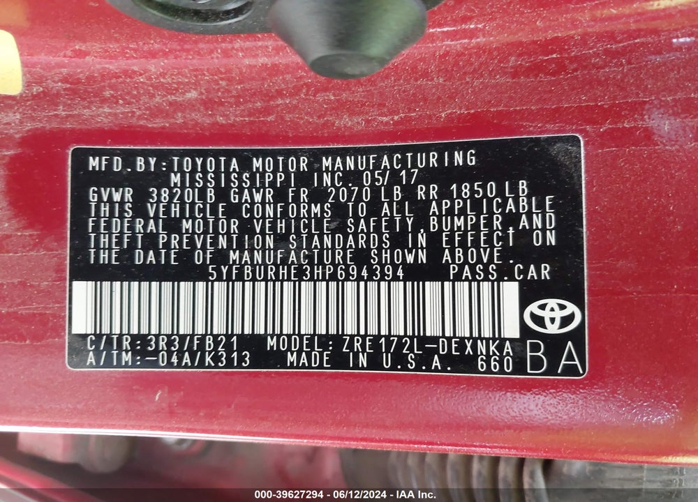 2017 TOYOTA COROLLA LE VIN: 5YFBURHE3HP694394