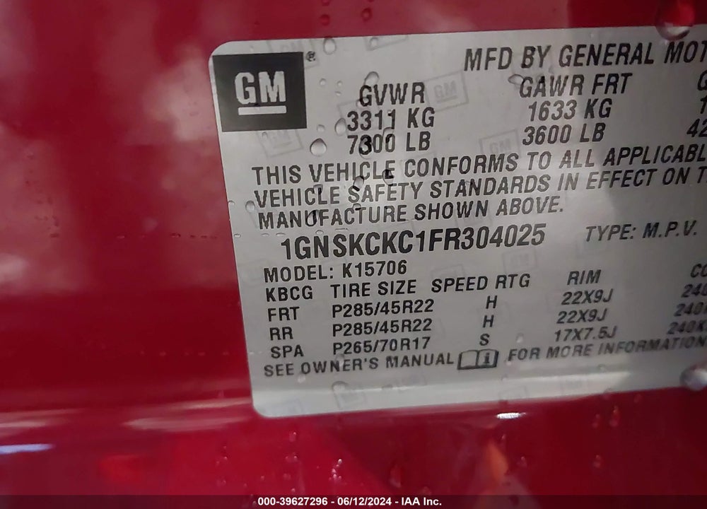 2015 CHEVROLET TAHOE LTZ VIN: 1GNSKCKC1FR304025