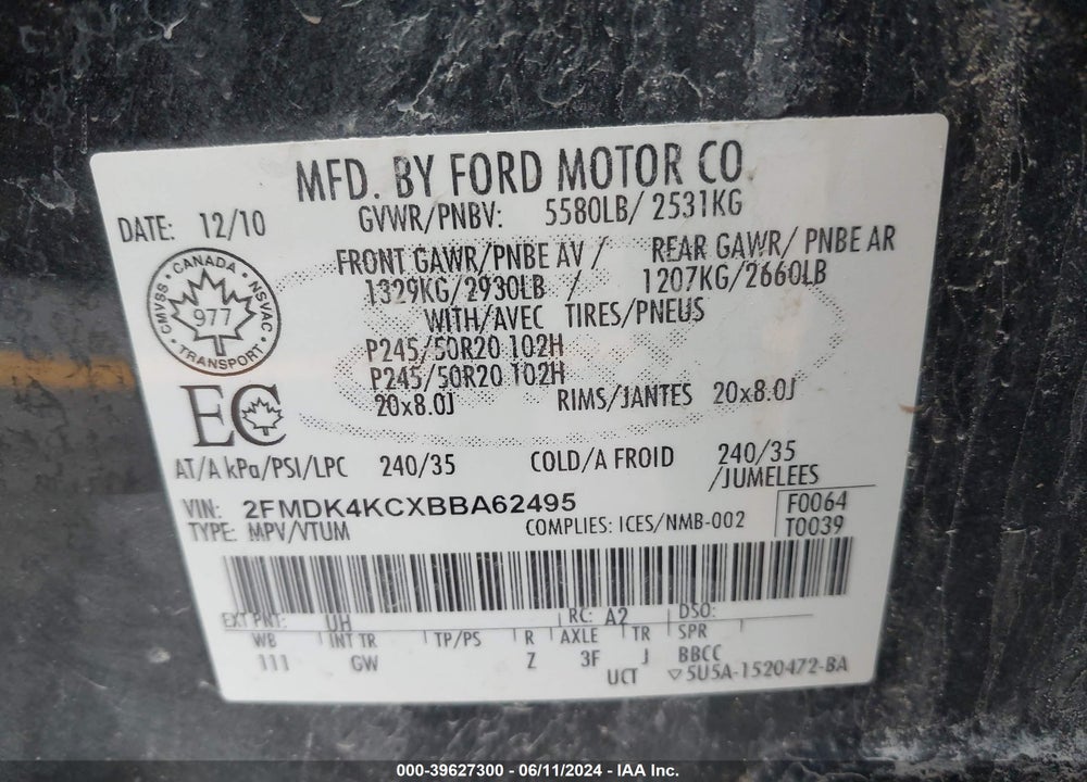 2011 FORD EDGE LIMITED VIN: 2FMDK4KCXBBA62495