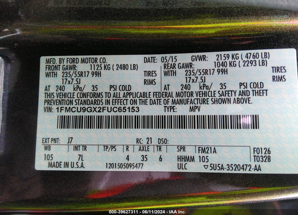 2015 FORD ESCAPE SE VIN: 1FMCU9GX2FUC65153