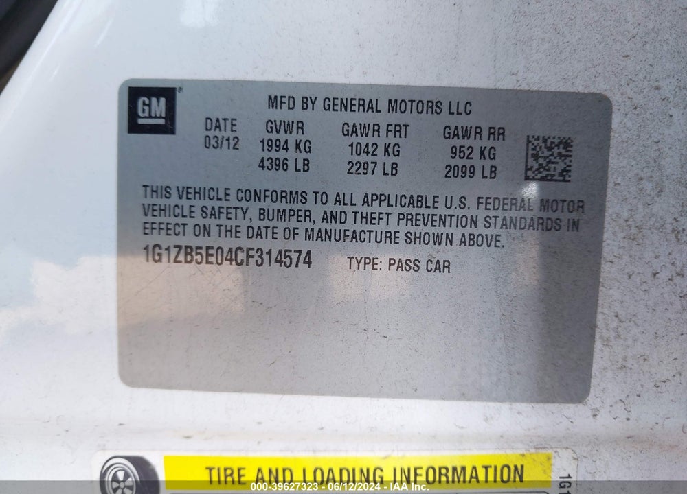 2012 CHEVROLET MALIBU LS VIN: 1G1ZB5E04CF314574