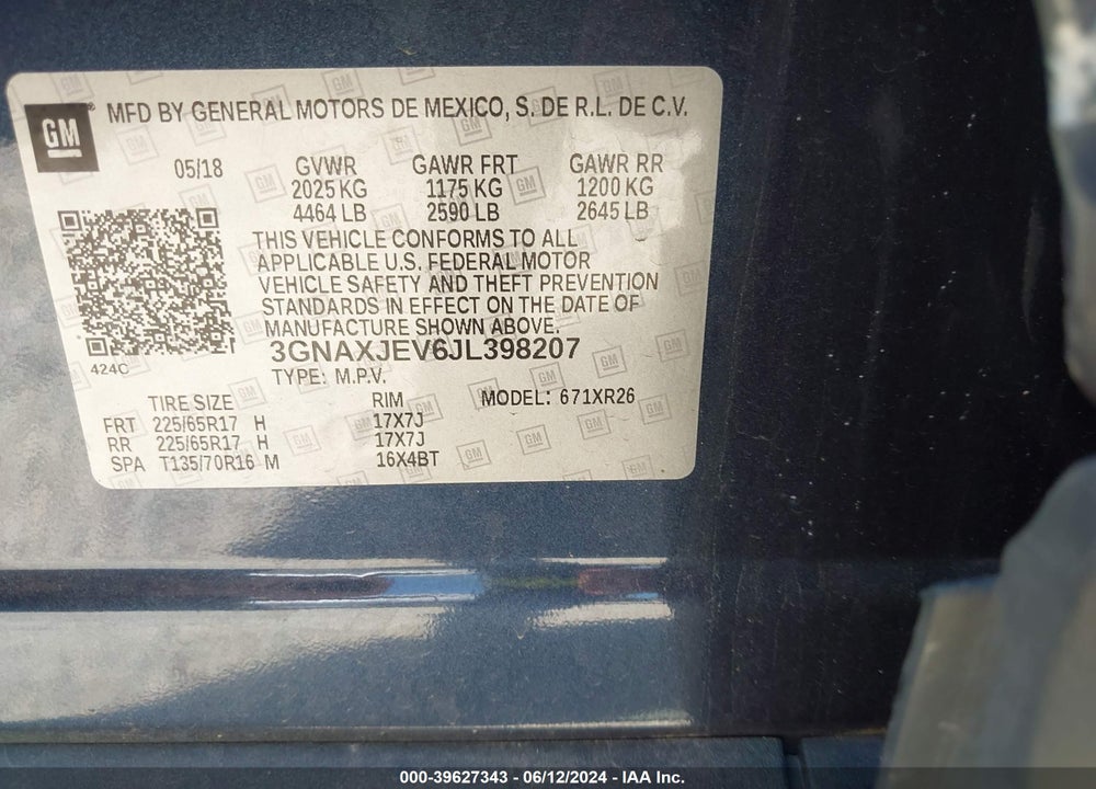 2018 CHEVROLET EQUINOX LT VIN: 3GNAXJEV6JL398207