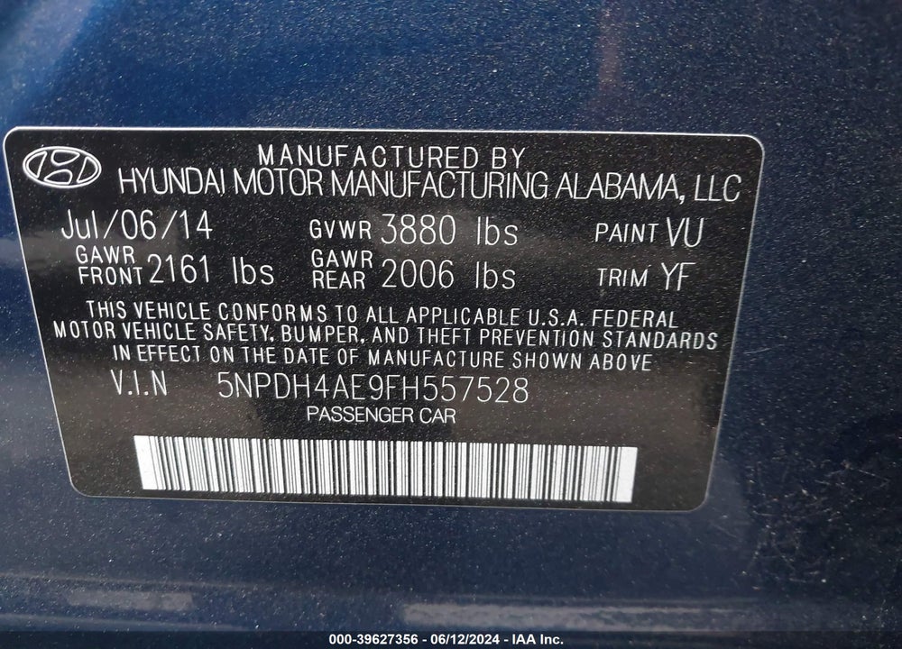 2015 HYUNDAI ELANTRA LIMITED VIN: 5NPDH4AE9FH557528