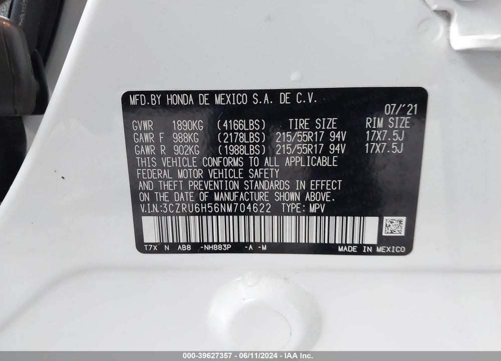 2022 HONDA HR-V AWD EX VIN: 3CZRU6H56NM704622