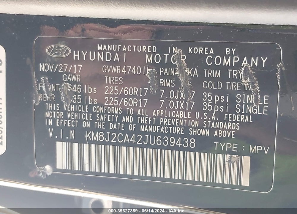 2018 HYUNDAI TUCSON SE VIN: KM8J2CA42JU639438