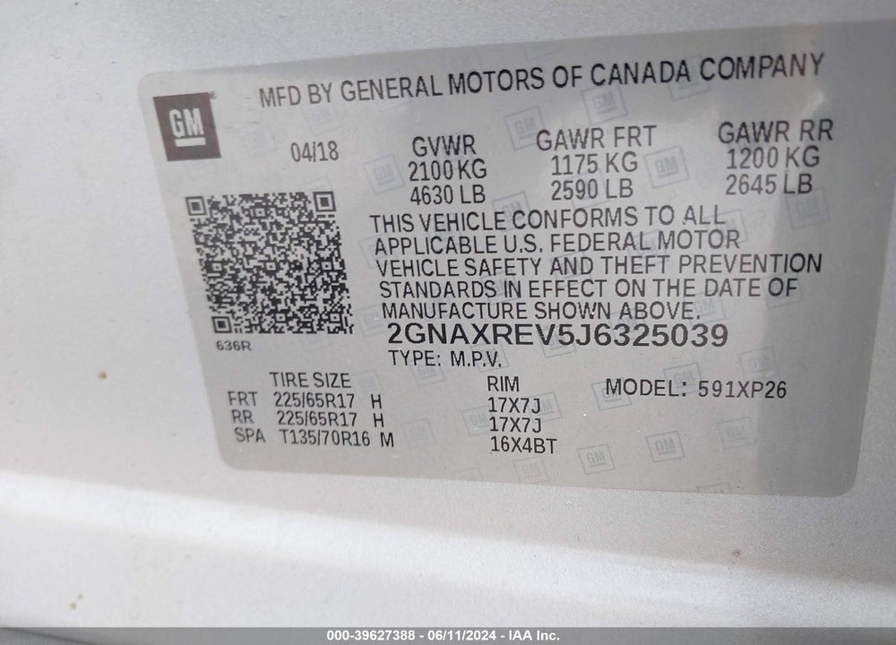 2018 CHEVROLET EQUINOX LS VIN: 2GNAXREV5J6325039