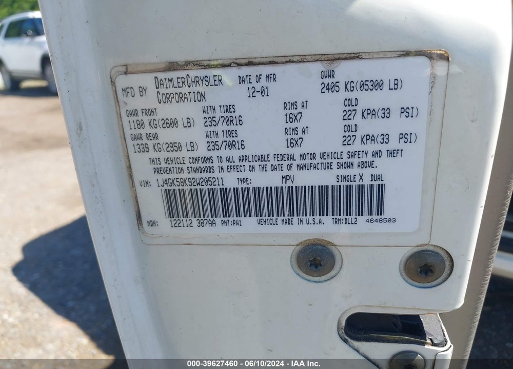 2002 JEEP LIBERTY LIMITED EDITION VIN: 1J4GK58K92W205211