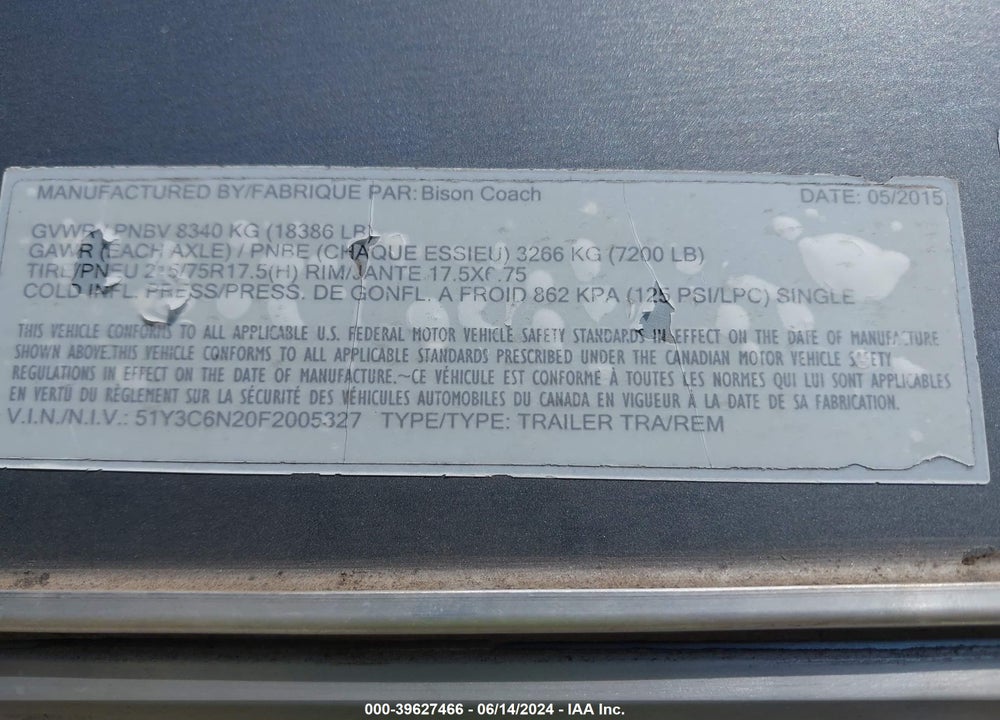 2015 BISON COACH TRAVEL TRAILER VIN: 51Y3C6N20F2005327