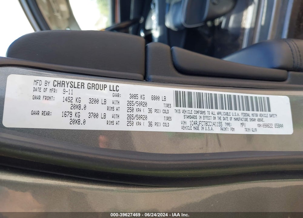 2012 JEEP GRAND CHEROKEE OVERLAND VIN: 1C4RJFCT8CC141155