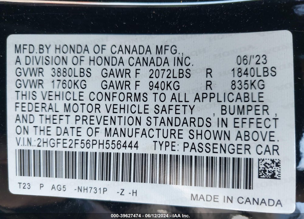 2023 HONDA CIVIC SPORT VIN: 2HGFE2F56PH556444