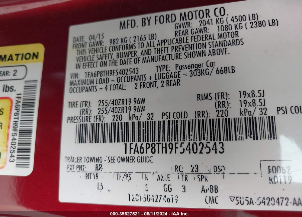 2015 FORD MUSTANG ECOBOOST VIN: 1FA6P8TH9F5402543