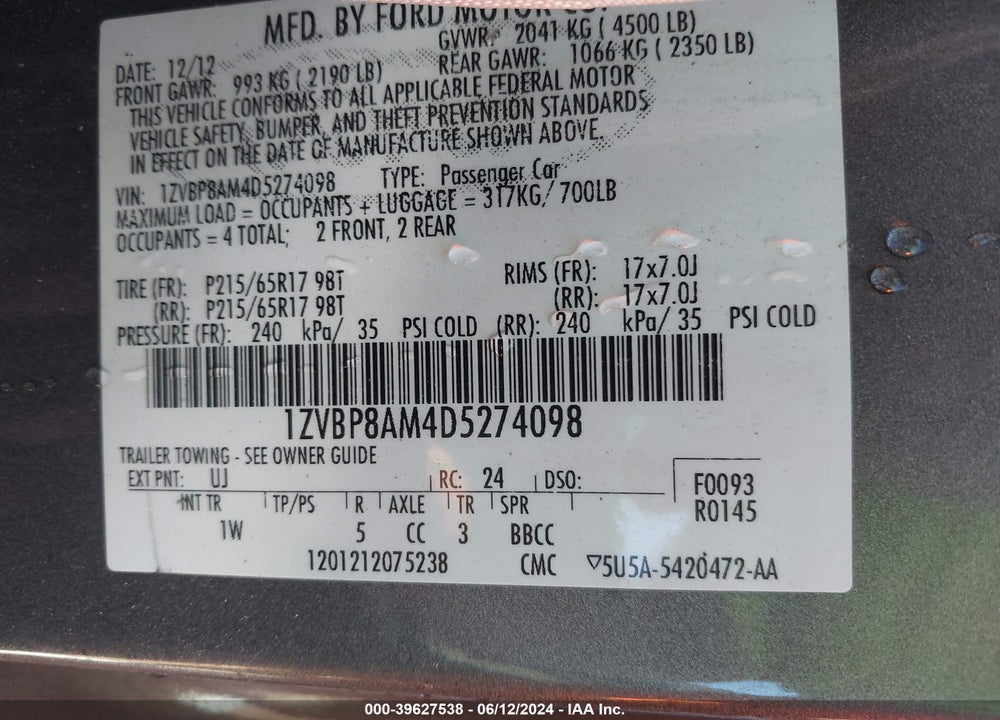 2013 FORD MUSTANG V6 VIN: 1ZVBP8AM4D5274098