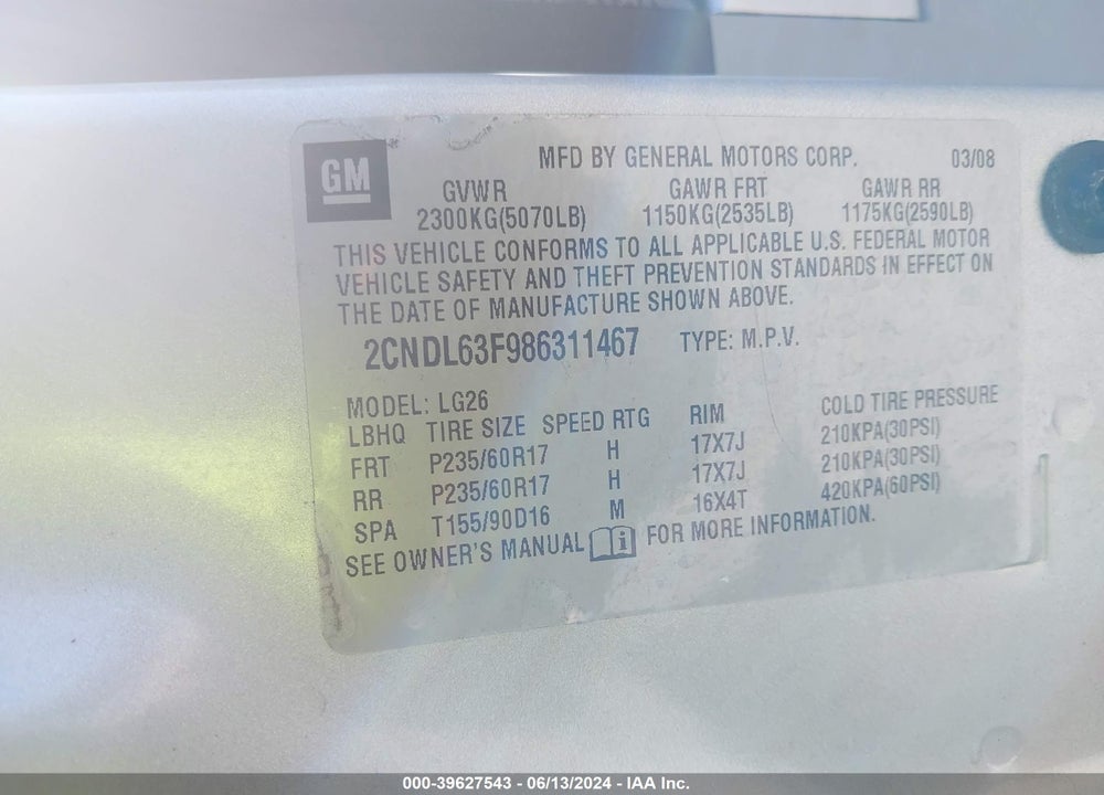 2008 CHEVROLET EQUINOX LT VIN: 2CNDL63F986311467