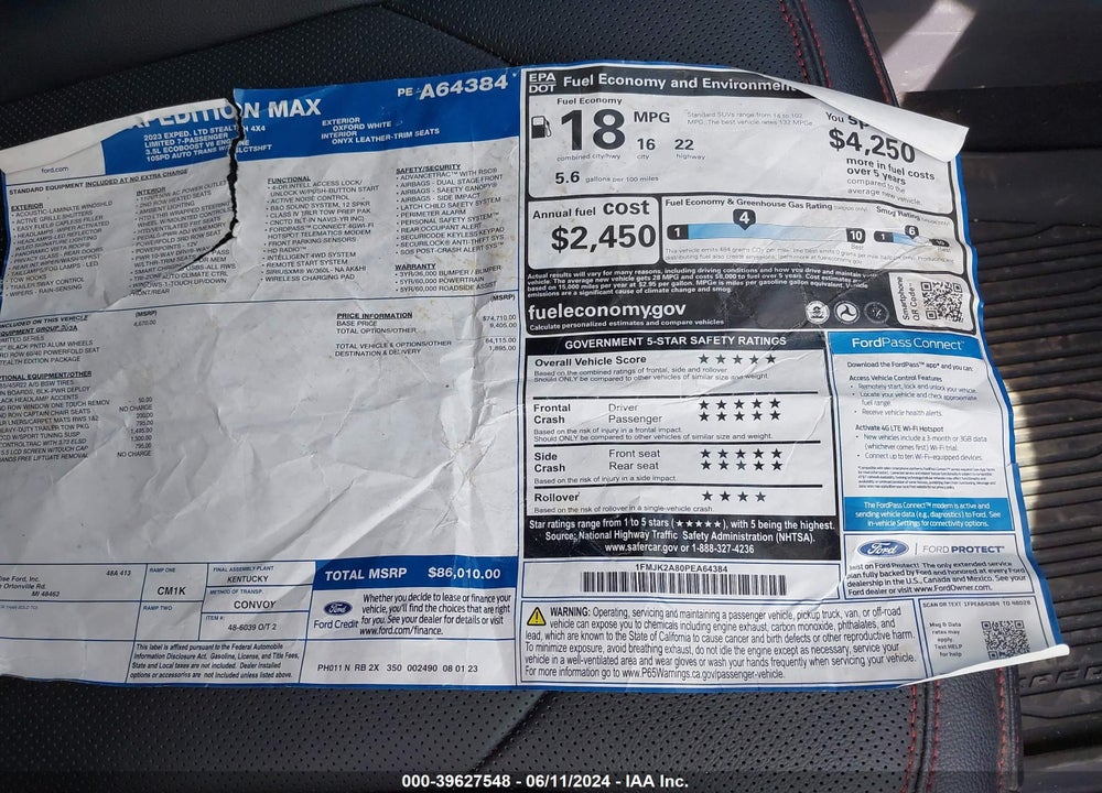 2023 FORD EXPEDITION LIMITED MAX VIN: 1FMJK2A80PEA64384