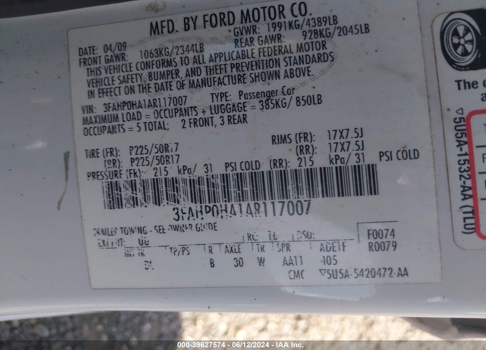 2010 FORD FUSION SE VIN: 3FAHP0HA1AR117007