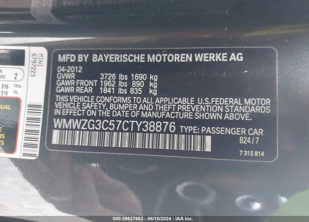 2012 MINI COOPER S CLUBMAN VIN: WMWZG3C57CTY38876