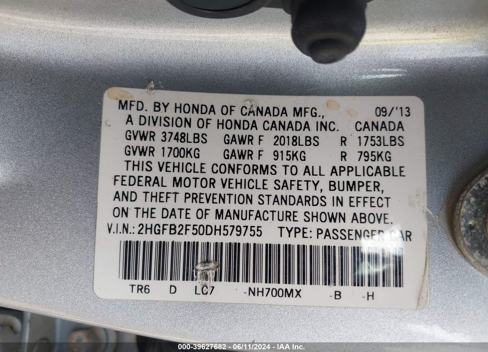 2013 HONDA CIVIC LX VIN: 2HGFB2F50DH579755