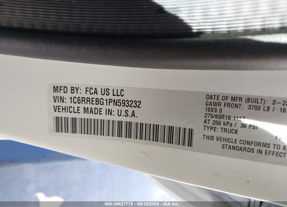 2023 RAM 1500 VIN: 1C6RREBG1PN593232