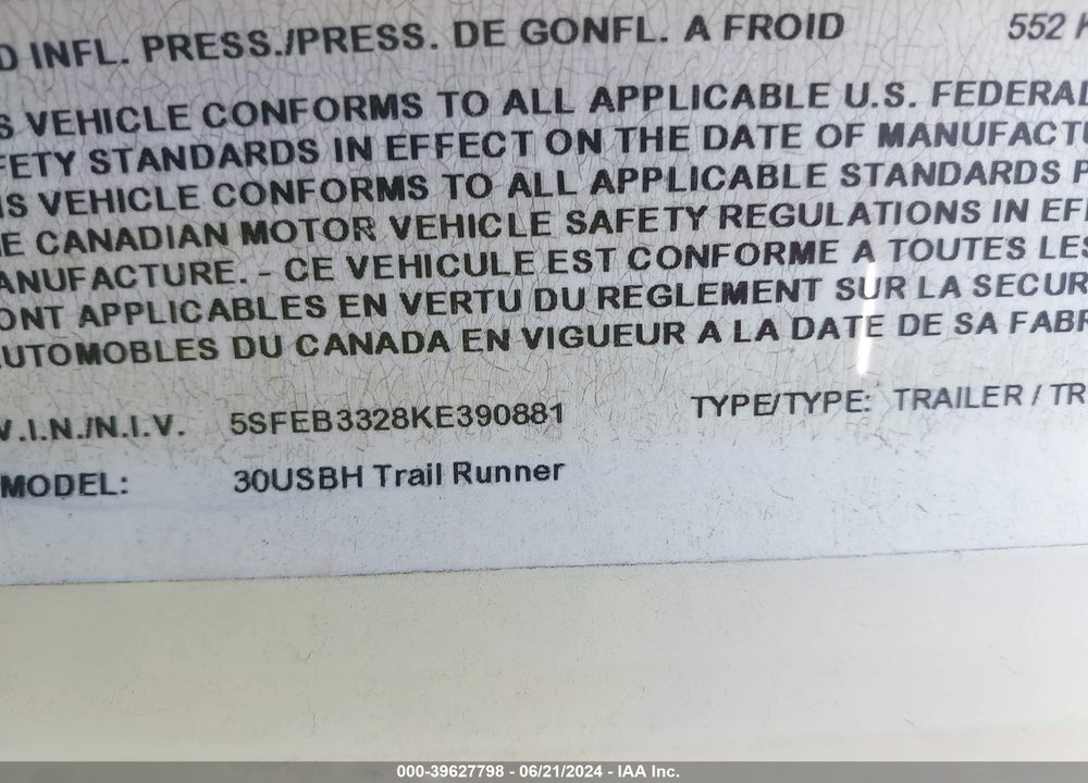 2019 HEARTLAND TRAIL RUNNER VIN: 5SFEB3328KE390881