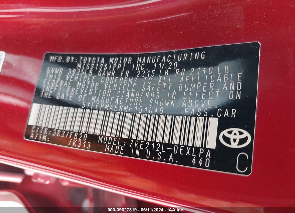 2021 TOYOTA COROLLA LE VIN: 5YFEPMAE8MP191049