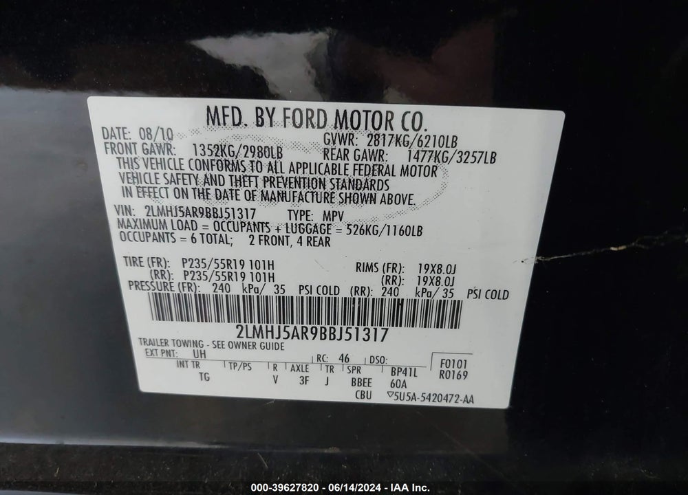 2011 LINCOLN MKT VIN: 2LMHJ5AR9BBJ51317